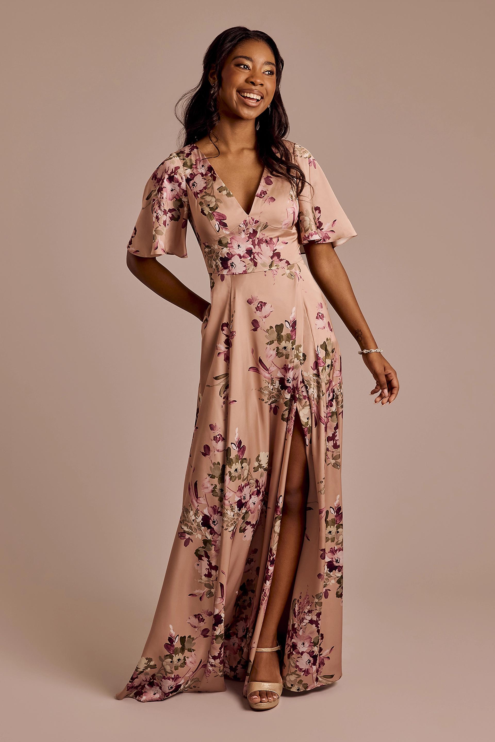 Picture of Floral Charmeuse Flutter-Sleeve A-Line Dress